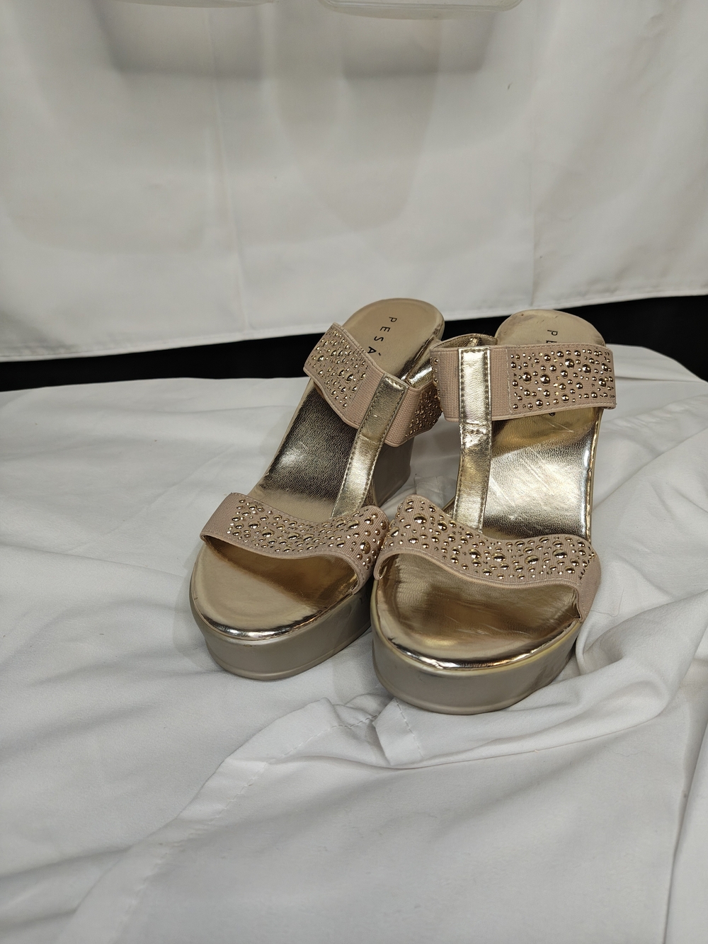 Pesaro Beige Gold Studded Womens Wedge Sandals